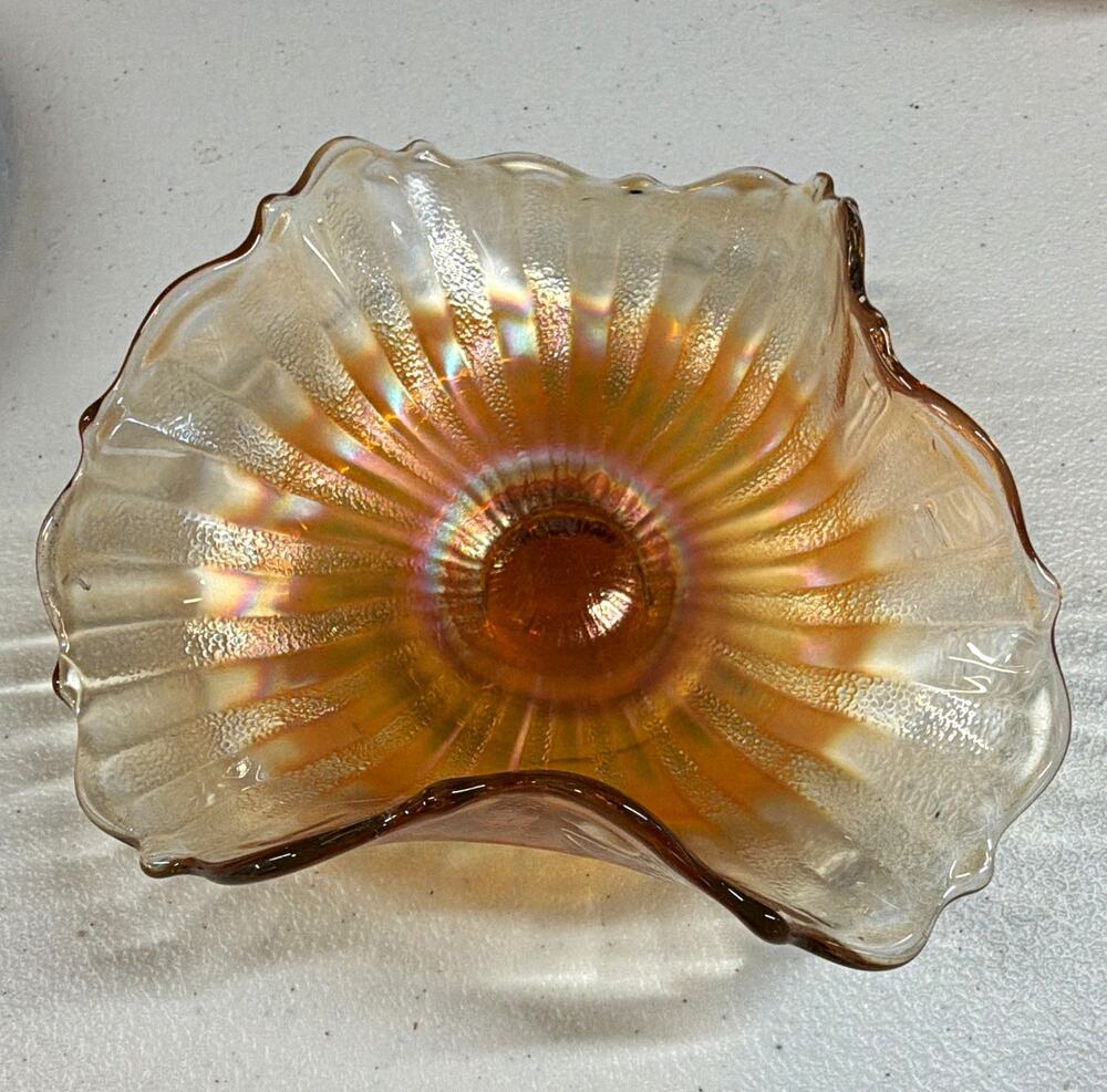 Iridescent Amber & Clear Glass Decorative Bowl Scalloped Edge 6" x 2" Fall Candy